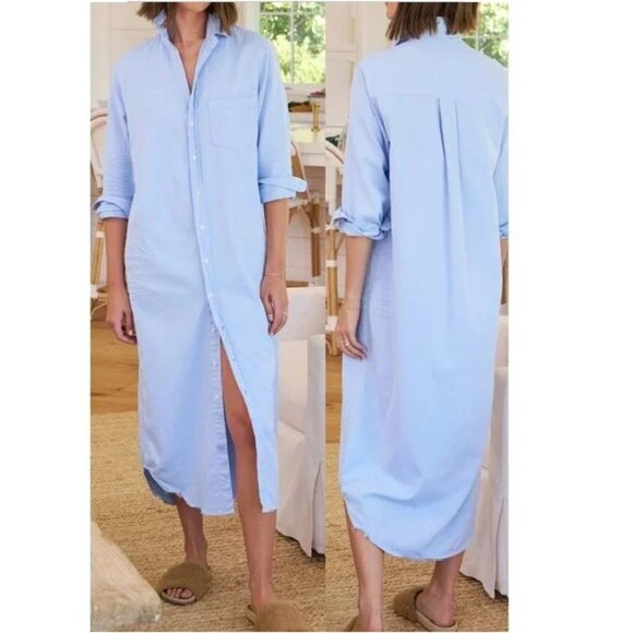 NEW FRANK & EILEEN RORY TATTERED DENIM MAXI LENGTH GLCR BLUE SHIRT DRESS SZ X XS - Picture 1 of 8